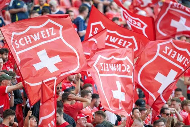GER, EURO 2024, Group A, Scotland SCT vs Switzerland SUI 19 06 2024, Cologne Stadium, Cologne, GER, EURO 2024, Group A, Scotland SCT vs Switzerland SUI In the picture Swiss fans with flags, banners, sea of flags Fan culture, gestures, facial expressions, emotions Joy Joy Happiness nordphotoxGmbHxx xDenkinger nph00015