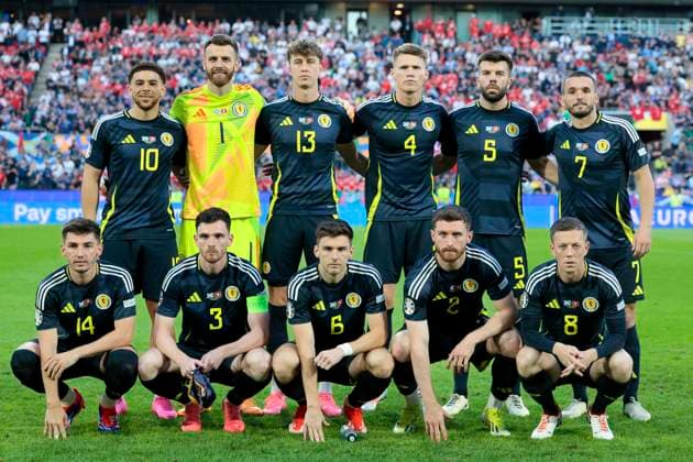 Scotland v Switzerland: Group A - UEFA EURO, EM, Europameisterschaft,Fussball 2024 Scotland team group, Mannschaftsbild, Totale (br) Che Adams, Angus Gunn, Jack Hendry, Scott McTominay, Grant Hanley, John McGinn, (fr) Billy Gilmour, Andrew Robertson, Kieran Tierney, Anthony Ralston, Callum McGregor before the UEFA EURO 2024 group stage match between Scotland and Switzerland at Cologne Stadium on June 19, 2024 in Cologne, Germany. Cologne Cologne Stadium Germany Germany Copyright: xRichardxSellers Sportsphoto APLx 14041582