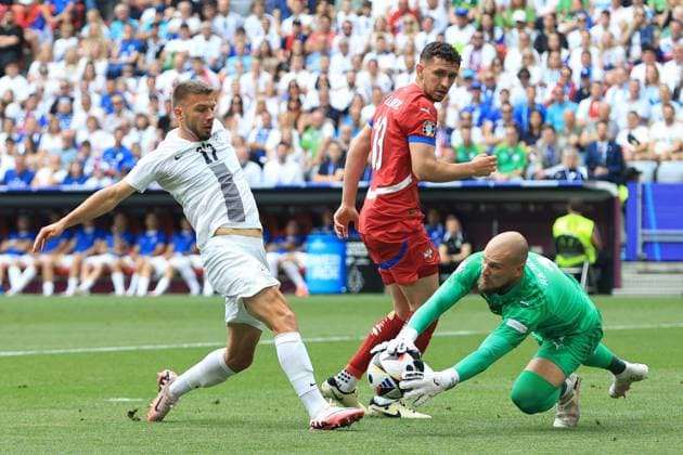 Jan Mlakar of Slovenia has a shot saved by Predrag Rajkovic of Serbia Slovenia v Serbia, UEFA European Championship, EM, Europameisterschaft 2024, Group C, Football, Munich Football Arena, Munich, Germany, 20 Jun 2024 EDITORIAL USE ONLY No use with unauthorised audio, video, data, fixture lists, club league logos or live services. Online in-match use limited to 120 images, no video emulation. No use in betting, games or single club league player publications. Copyright: xMichaelxZemanek Shutterstockx 14543659ay