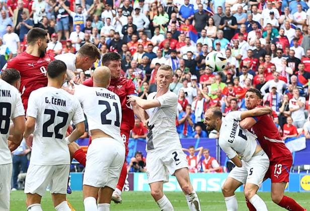 Luka Jovic of Serbia scores his sides equalising goal to make the score 1-1 Slovenia v Serbia, UEFA European Championship, EM, Europameisterschaft 2024, Group C, Football, Munich Football Arena, Munich, Germany, 20 Jun 2024 EDITORIAL USE ONLY No use with unauthorised audio, video, data, fixture lists, club league logos or live services. Online in-match use limited to 120 images, no video emulation. No use in betting, games or single club league player publications. Copyright: xMichaelxZemanek Shutterstockx 14543659ch