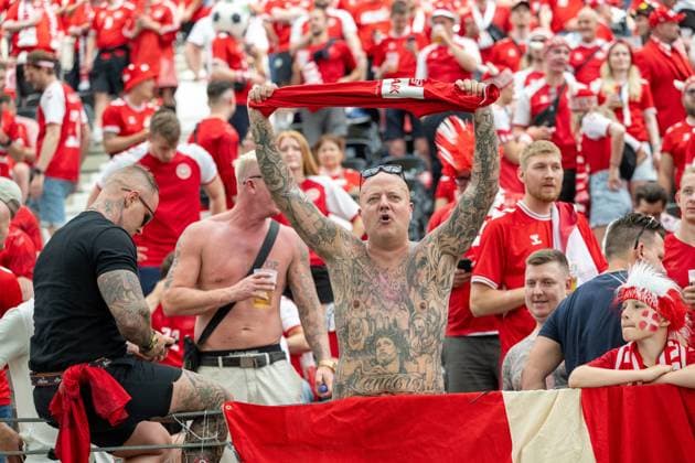GER, EURO 2024, Group C, Denmark DEN vs England GBR 20 06 2024, Frankfurt Arena, Frankfurt, GER, EURO 2024, Group C, Denmark DEN vs England GBR In the picture Tattoo Danish fans Fan curve Fan culture Joy Happiness Jay Gestures, facial expressions, emotions nordphotoxGmbHxx xDenkinger nph00015