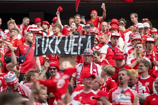 GER, EURO 2024, Group C, Denmark DEN vs England GBR 20 06 2024, Frankfurt Arena, Frankfurt, GER, EURO 2024, Group C, Denmark DEN vs England GBR In the picture Fuck UEFA banner Danish fans Fan curve Fan culture Joy Happiness Jay Gestures, facial expressions, emotions Cheering nordphotoxGmbHxx xDenkinger nph00015