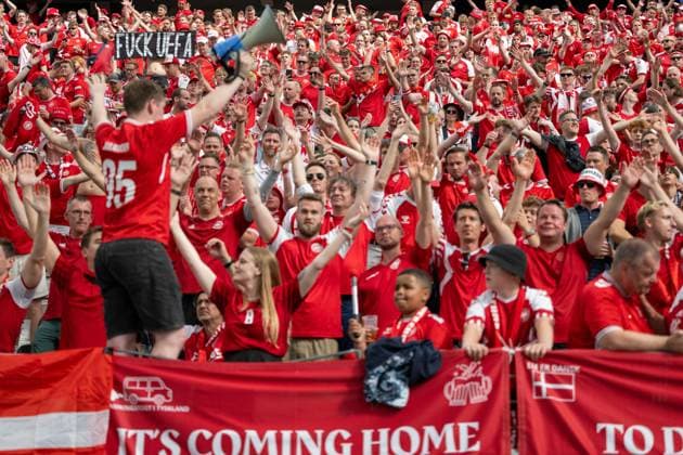 GER, EURO 2024, Group C, Denmark DEN vs England GBR 20 06 2024, Frankfurt Arena, Frankfurt, GER, EURO 2024, Group C, Denmark DEN vs England GBR In the picture Fuck UEFA banner Danish fans Fan curve Fan culture Joy Happiness Jay Gestures, facial expressions, emotions Cheering nordphotoxGmbHxx xDenkinger nph00015