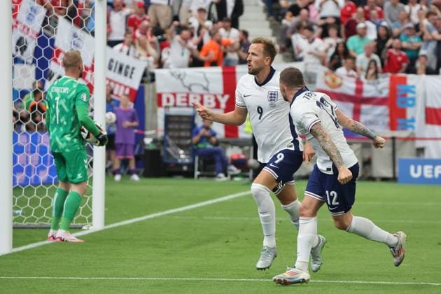 Goal to 0 1 by Harry Kane England, No 9 , Goal celebration, Cheering with Kieran Trippier England, No 12 Preliminary round match M17, DEN ENG, Group C, European Football Championship, Denmark vs England European Football Championship, Denmark vs England, Frankfurt, 20 06 2024,