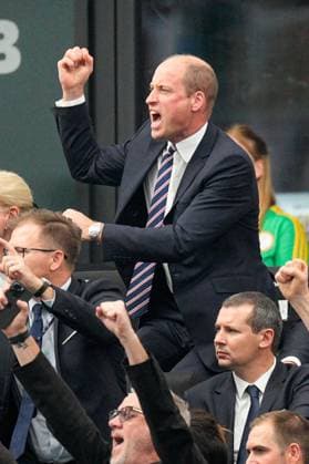 Prince William, Prince of Wales and President of The FA celebrates the goal of Harry Kane of England Denmark v England, UEFA European Championship, EM, Europameisterschaft 2024, Group C, Football, Frankfurt Arena, Frankfurt, Germany, 20 Jun 2024 EDITORIAL USE ONLY No use with unauthorised audio, video, data, fixture lists, club league logos or live services. Online in-match use limited to 120 images, no video emulation. No use in betting, games or single club league player publications. Copyright: xDavexShopland Shutterstockx 14543694al