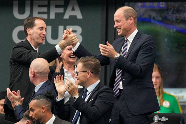 Prince William, Prince of Wales and President of The FA celebrates the goal of Harry Kane of England Denmark v England, UEFA European Championship, EM, Europameisterschaft 2024, Group C, Football, Frankfurt Arena, Frankfurt, Germany, 20 Jun 2024 EDITORIAL USE ONLY No use with unauthorised audio, video, data, fixture lists, club league logos or live services. Online in-match use limited to 120 images, no video emulation. No use in betting, games or single club league player publications. Copyright: xDavexShopland Shutterstockx 14543694ax