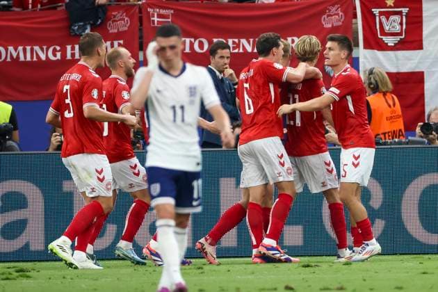 Goal celebration Denmark at 1 1 by Morten Hjulmand Denmark, 21 , Football, UEFA , European Championship, Group C 2024, Denmark vs England, 20 06 2024, Frankfurt Arena, Frankfurt, Germany Frankfurt Frankfurt Arena Hessen Germany Copyright: xGrantxHubbsx