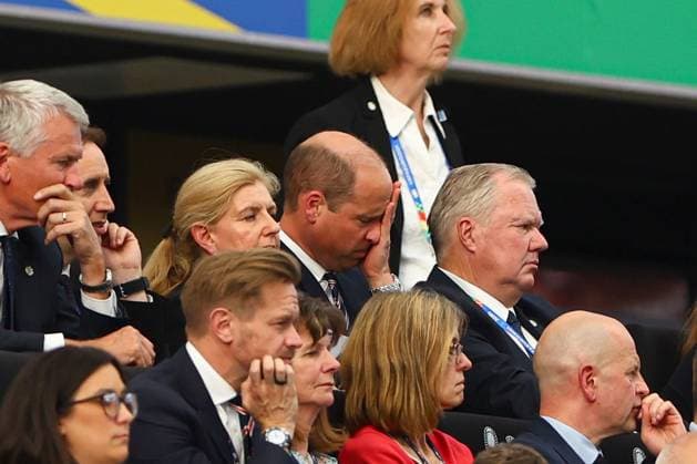 Prince William, Prince of Wales shows a look of dejection in the stands Denmark v England, UEFA European Championship, EM, Europameisterschaft 2024, Group C, Football, Frankfurt Arena, Frankfurt, Germany, 20 Jun 2024 EDITORIAL USE ONLY No use with unauthorised audio, video, data, fixture lists, club league logos or live services. Online in-match use limited to 120 images, no video emulation. No use in betting, games or single club league player publications. Copyright: xKieranxMcManus Shutterstockx 14543690cu