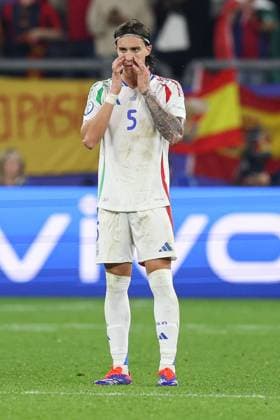 Riccardo Calafiori of Italy reacts after scoring an own goal to make it 1-0 Spain v Italy, UEFA European Championship, EM, Europameisterschaft 2024, Group B, Football, Arena AufSchalke, Gelsenkirchen, Germany, 20 Jun 2024 EDITORIAL USE ONLY No use with unauthorised audio, video, data, fixture lists, club league logos or live services. Online in-match use limited to 120 images, no video emulation. No use in betting, games or single club league player publications. Copyright: xPaulxCurrie Shutterstockx 14543734cl