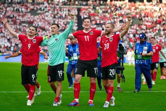 Austria celebrates victory, GER, UEFA Euro 2024, Football men, UEFA EM 2024 Matchday 2, Group D, Poland vs Oesterrech, Poland vs Austria, 21 06 2024 GER, UEFA Euro 2024, Football men, UEFA EM 2024 Matchday 2, Group D, Poland vs Oesterrech, Poland vs Austria, 21 06 2024 Berlin Copyright: xEibner-Pressefotox xClaudiusxRauchx EP_CRH