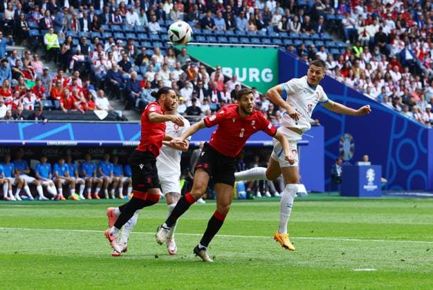 Patrik Schick of Czech Republic has a headed attempt towards goal Georgia v Czechia, UEFA European Championship, EM, Europameisterschaft 2024, Group F, Football, Volksparkstadion, Hamburg, Germany, 22 Jun 2024 EDITORIAL USE ONLY No use with unauthorised audio, video, data, fixture lists, club league logos or live services. Online in-match use limited to 120 images, no video emulation. No use in betting, games or single club league player publications. Copyright: xKieranxMcManus Shutterstockx 14548025q