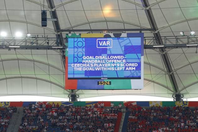 A general view of the big screen as Adam Hlozek of Czech Republic scores a goal which is later ruled out on VAR due to a hand ball Georgia v Czechia, UEFA European Championship, EM, Europameisterschaft 2024, Group F, Football, Volksparkstadion, Hamburg, Germany, 22 Jun 2024 EDITORIAL USE ONLY No use with unauthorised audio, video, data, fixture lists, club league logos or live services. Online in-match use limited to 120 images, no video emulation. No use in betting, games or single club league player publications. Copyright: xKieranxMcManus Shutterstockx 14548025x