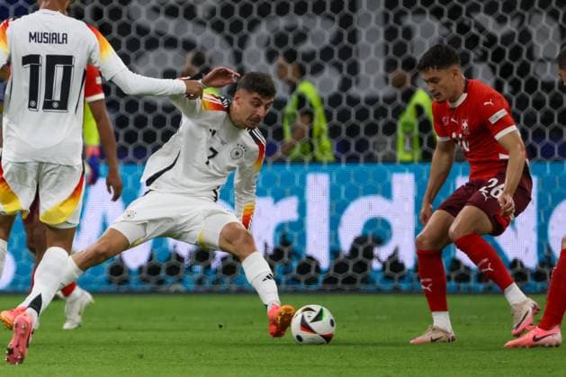 Kai Havertz GER, 07 on the ball with Fabian Rieder Switzerland, 26 , Football, UEFA , European Championship, Group A 2024, Switzerland vs Germany, 23 06 2024, Frankfurt Arena, Frankfurt, Germany Frankfurt Frankfurt Arena Hessen Germany Copyright: xGrantxHubbsx