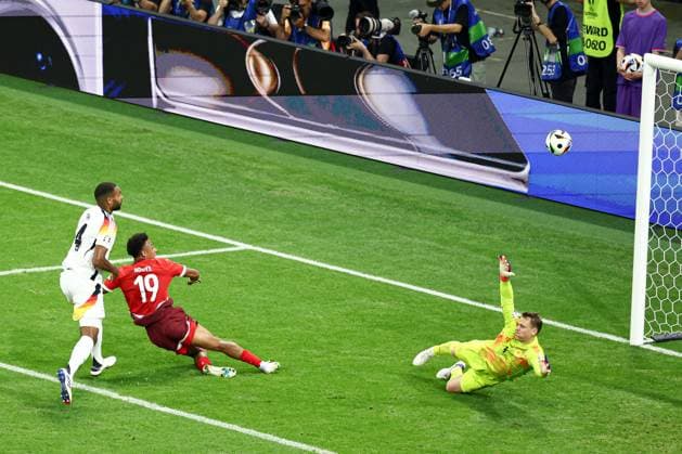 Dan Ndoye of Switzerland scores too make it 1-0 Switzerland v Germany, UEFA European Championship, EM, Europameisterschaft 2024, Group A, Football, Frankfurt Arena, Frankfurt am Main, Germany, 23 Jun 2024 EDITORIAL USE ONLY No use with unauthorised audio, video, data, fixture lists, club league logos or live services. Online in-match use limited to 120 images, no video emulation. No use in betting, games or single club league player publications. Copyright: xMattxWest Shutterstockx 14548071ay