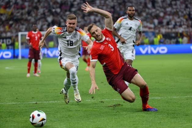 Silvan Widmer Switzerland, 03 and Maximilian Mittelstaedt GER, 18 , Football, UEFA , European Championship, Group A 2024, Switzerland vs. Germany, 23 06 2024, Frankfurt Arena, Frankfurt, Germany Frankfurt Frankfurt Arena Hessen Germany Copyright: xGrantxHubbsx