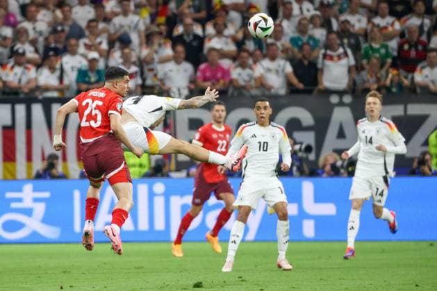 Zeki Amdouni Switzerland, 25 and Jamal Musiala GER, 10 , Football, UEFA , European Championship, Group A 2024, Switzerland vs Germany, 23 06 2024, Frankfurt Arena, Frankfurt, Germany Frankfurt Frankfurt Arena Hessen Germany Copyright: xGrantxHubbsx