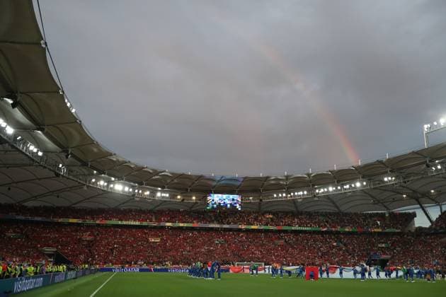 A rainbow seen ahead of the kick off Scotland v Hungary, UEFA European Championship, EM, Europameisterschaft 2024, Group A, Football, Stuttgart Arena, Stuttgart, Germany, 23 Jun 2024 EDITORIAL USE ONLY No use with unauthorised audio, video, data, fixture lists, club league logos or live services. Online in-match use limited to 120 images, no video emulation. No use in betting, games or single club league player publications. Copyright: xMichaelxZemanek Shutterstockx 14548075ej
