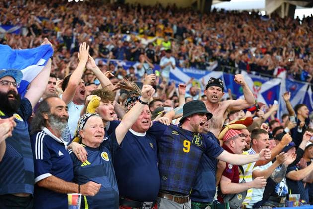 Fans of Scotland Scotland v Hungary, UEFA European Championship, EM, Europameisterschaft 2024, Group A, Football, Stuttgart Arena, Stuttgart, Germany, 23 Jun 2024 EDITORIAL USE ONLY No use with unauthorised audio, video, data, fixture lists, club league logos or live services. Online in-match use limited to 120 images, no video emulation. No use in betting, games or single club league player publications. Copyright: xMichaelxZemanek Shutterstockx 14548075ey