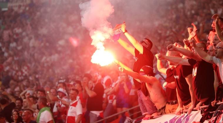 Croatia Italy UEFA EURO 2024 Leipzig, 24 06 2024, Leipzig Stadium, Football, UEFA EURO 2024 Germany , Group B, Preliminary round , Croatia CRO vs Italy ITA , In the picture Fans of Croatia ignite pyrotechnics in their fan block , For journalistic purposes only Only for editorial use , UEFA Êregulations prohibit any use of photographs as image sequences and or quasi video ,