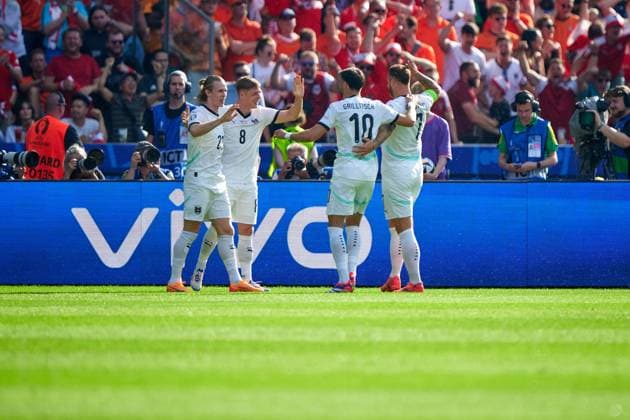 Austria celebrates a goal to make it 1-0, GER, UEFA Euro 2024, mens football, UEFA EURO 2024 matchday 3, group D, Netherlands vs Austria, Netherlands vs Austria, 25 06 2024 GER, UEFA Euro 2024, mens football, UEFA EURO 2024 matchday 3, group D, Netherlands vs Austria, Netherlands vs Austria, 25 06 2024 Berlin Copyright: xEibner-Pressefotox xClaudiusxRauchx EP_CRH