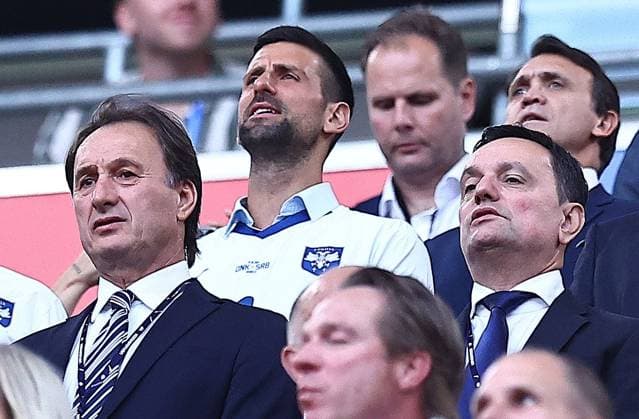Serbian tennis player, Novak Djokovic seen in the stands prior to kick off Denmark v Serbia, UEFA European Championship, EM, Europameisterschaft 2024, Group C, Football, Munich Football Arena, Munich, Germany, 25 Jun 2024 EDITORIAL USE ONLY No use with unauthorised audio, video, data, fixture lists, club league logos or live services. Online in-match use limited to 120 images, no video emulation. No use in betting, games or single club league player publications. Copyright: xMichaelxZemanek Shutterstockx 14555536an