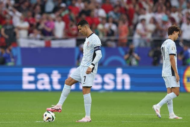 Cristiano Ronaldo of Portugal reacts to Khvicha Kvaratskhelia of Georgia opening the scoring for Georgia Georgia v Portugal, UEFA European Championship, EM, Europameisterschaft 2024, Group F, Football, Arena AufSchalke, Gelsenkirchen, Germany - 26 Jun 2024 EDITORIAL USE ONLY No use with unauthorised audio, video, data, fixture lists, club league logos or live services. Online in-match use limited to 120 images, no video emulation. No use in betting, games or single club league player publications. Copyright: xPaulxCurrie Shutterstockx 14555619bm