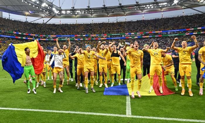 Romanian footballers Florin NiÈă, Dennis Man, Radu Drăgușșin, Marius Marin, Andrei RaÈ iu, George PuÅücaÅü, IonuÅ£ Nedelcearu, Ianis Hagi, Daniel Birligea and Adrian Rus enjoy after the UEFA EURO 2024 football match between Slovakia and Romania at the Frankfurt Arena in Frankfurt, Wednesday, June 26, 2024 Frankfurt Copyright: xRazvanxPasarica SPORTxPICTURESx