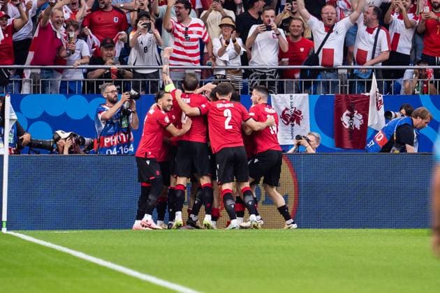 GER, Euro 2024, Group F, Georgia GEO vs Portugal PRT 26 06 2024, Veltins Arena Arena AufSchalke , Gelsenkirchen, GER, Euro 2024, Group F, Georgia GEO vs Portugal PRT Georgia Georgia GEO by Kvaratskhelia Khvicha Georgia Georgia GEO, 7 Kochorashvili Giorgi Georgia Georgia GEO, 6 Dvali Lasha Georgia Georgia GEO, 3 Kashia Guram Georgia Georgia GEO, 4 nordphotoxGmbHxx xChristianxSchulze nph000300