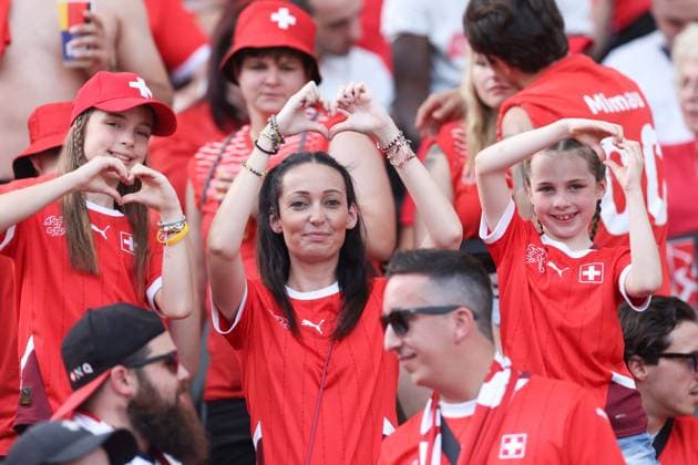 Switzerland Fans Enjoy the Atmosphere before the game Switzerland v Italy, UEFA European Championship, EM, Europameisterschaft 2024, Round of 16, Football, Olympiastadion, Berlin, Germany - 29 Jun 2024 EDITORIAL USE ONLY No use with unauthorised audio, video, data, fixture lists, club league logos or live services. Online in-match use limited to 120 images, no video emulation. No use in betting, games or single club league player publications. Copyright: xPaulxCurrie Shutterstockx 14562043o