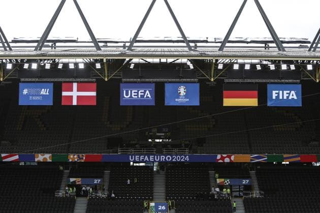 Sport, Football, UEFA EURO 2024 Round of 16 Germany Denmark 29 06 2024, BVB Stadium Dortmund Flags under the stadium roof, vL Football, Respect, Denmark, UEFA, EURO 2024, Germany, FIFA Dortmund BVB Stadium Dortmund North Rhine-Westphalia Germany