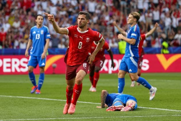 Goal celebration after the 1-0 goal by Remo Freuler Switzerland, 08 , Football, UEFA , European Championship, Round of 16 2024, Switzerland vs Italy, 29 06 2024, Olympiastadion Berlin, Berlin, Germany Berlin Olympiastadion Berlin Berlin Germany Copyright: xGrantxHubbsx