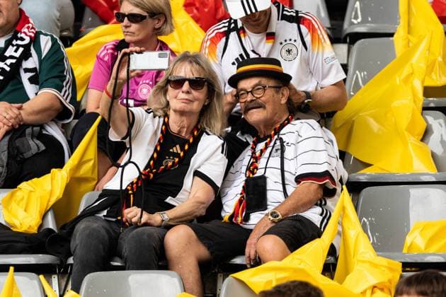 GER, Euro 2024, round of sixteen, Germany Germany, GER vs Denmark Denmark, DNK 29 06 2024, Signal Iduna Park BVB Stadion Dortmund , Dortmund, GER, Euro 2024, round of sixteen, Germany Germany, GER vs Denmark Denmark, DNK In the picture Germany Germany GER fans take a selfie, have hat and jersey on nordphotoxGmbHxx xChristianxSchulze nph000300