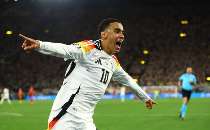 Jamal Musiala of Germany celebrates after scoring the second goal 2-0 Germany v Denmark, UEFA European Championship, EM, Europameisterschaft 2024, Round of 16, Football, BVB Stadion, Dortmund, Germany - 29 Jun 2024 EDITORIAL USE ONLY No use with unauthorised audio, video, data, fixture lists, club league logos or live services. Online in-match use limited to 120 images, no video emulation. No use in betting, games or single club league player publications. Copyright: xKieranxMcManus Shutterstockx 14562066cd