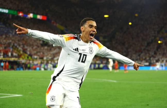 Jamal Musiala of Germany celebrates after scoring the second goal 2-0 Germany v Denmark, UEFA European Championship, EM, Europameisterschaft 2024, Round of 16, Football, BVB Stadion, Dortmund, Germany - 29 Jun 2024 EDITORIAL USE ONLY No use with unauthorised audio, video, data, fixture lists, club league logos or live services. Online in-match use limited to 120 images, no video emulation. No use in betting, games or single club league player publications. Copyright: xKieranxMcManus Shutterstockx 14562066cb