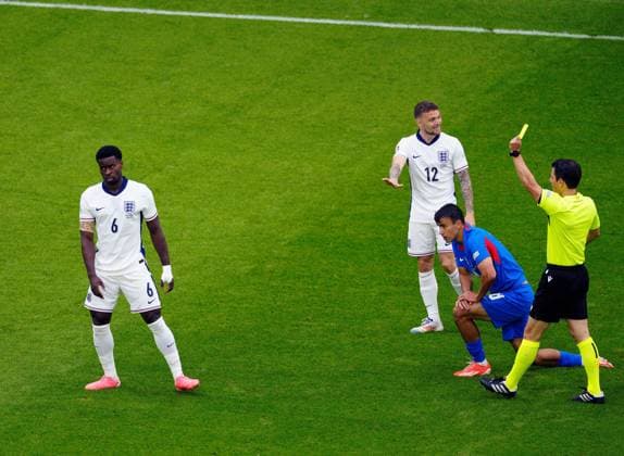 EURO 2024, England - Slowakei Marc Guà hi of England reacts to being shown a yellow card England v Slovakia, UEFA European Championship, EM, Europameisterschaft 2024, Round of 16, Football, Arena AufSchalke, Gelsenkirchen, Germany - 30 Jun 2024 EDITORIAL USE ONLY No use with unauthorised audio, video, data, fixture lists, club league logos or live services. Online in-match use limited to 120 images, no video emulation. No use in betting, games or single club league player publications. Copyright: xDavexShopland Shutterstockx 14562222ae