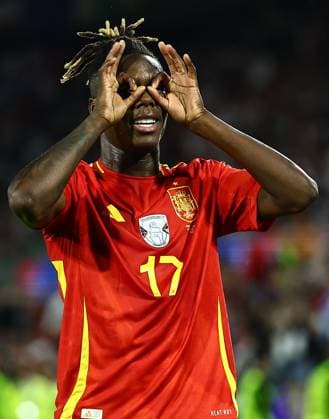 Nico Williams of Spain celebrates scoring his sides third goal Spain v Georgia, UEFA European Championship, EM, Europameisterschaft 2024, Round of 16, Football, Cologne Stadium, Cologne, Germany - 30 Jun 2024 EDITORIAL USE ONLY No use with unauthorised audio, video, data, fixture lists, club league logos or live services. Online in-match use limited to 120 images, no video emulation. No use in betting, games or single club league player publications. Copyright: xMichaelxZemanek Shutterstockx 14562306db