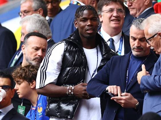 French footballer, Paul Pogba seen in the stands prior to kick off France v Belgium, UEFA European Championship, EM, Europameisterschaft 2024, Round of 16, Football, Dusseldorf Arena, Dusseldorf, Germany - 01 Jul 2024 EDITORIAL USE ONLY No use with unauthorised audio, video, data, fixture lists, club league logos or live services. Online in-match use limited to 120 images, no video emulation. No use in betting, games or single club league player publications. Copyright: xKieranxMcManus Shutterstockx 14566634z