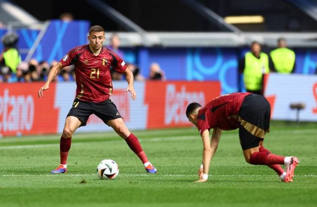 Timothy Castagne of Belgium controls the ball France v Belgium, UEFA European Championship, EM, Europameisterschaft 2024, Round of 16, Football, Dusseldorf Arena, Dusseldorf, Germany - 01 Jul 2024 EDITORIAL USE ONLY No use with unauthorised audio, video, data, fixture lists, club league logos or live services. Online in-match use limited to 120 images, no video emulation. No use in betting, games or single club league player publications. Copyright: xKieranxMcManus Shutterstockx 14566634aj