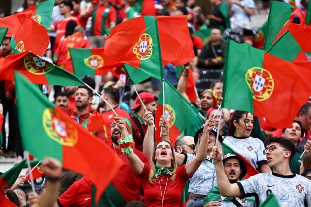 Portugal fans wave flags in the stands Portugal v Slovenia, UEFA European Championship, EM, Europameisterschaft 2024, Round of 16, Football, Frankfurt Arena, Frankfurt, Germany - 01 Jul 2024 EDITORIAL USE ONLY No use with unauthorised audio, video, data, fixture lists, club league logos or live services. Online in-match use limited to 120 images, no video emulation. No use in betting, games or single club league player publications. Copyright: xMichaelxZemanek Shutterstockx 14566640r