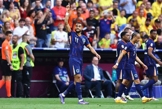 Cody Gakpo of Netherlands celebrates scoring to make it 0-1 Romania v Netherlands, UEFA European Championship, EM, Europameisterschaft 2024, Round of 16, Football, Munich Football Arena, Munich, Germany - 02 Jul 2024 EDITORIAL USE ONLY No use with unauthorised audio, video, data, fixture lists, club league logos or live services. Online in-match use limited to 120 images, no video emulation. No use in betting, games or single club league player publications. Copyright: xMichaelxZemanek Shutterstockx 14566637an