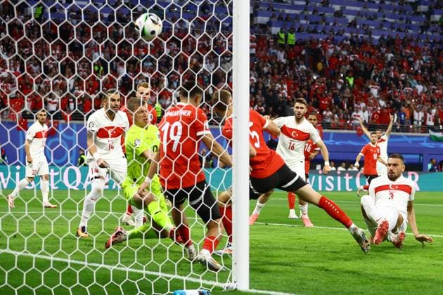 Merih Demiral of Türkiye scores the sides first goal to make it 1-0 to Türkiye Austria v Turkiye, UEFA European Championship, EM, Europameisterschaft 2024, Round of 16, Football, Leipzig Stadium, Leipzig, Germany - 02 Jul 2024 EDITORIAL USE ONLY No use with unauthorised audio, video, data, fixture lists, club league logos or live services. Online in-match use limited to 120 images, no video emulation. No use in betting, games or single club league player publications. Copyright: xKieranxMcManus Shutterstockx 14566650t