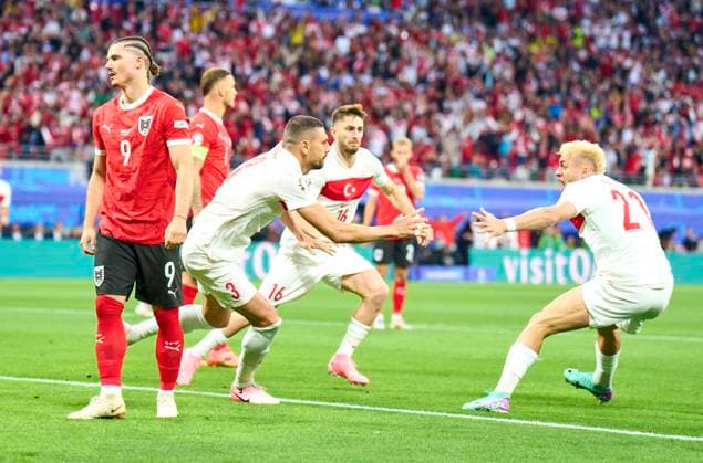 Merih Demiral, Türkiye 22 scores, shoots goal , Tor, Treffer, Torschuss, 0-1, celebrates his goal, happy, laugh, celebration, Marcel Sabitzer, AUT 9 sad in the best of 16 match AUSTRIA - TÜRKIJE of the UEFA European Championships 2024 on Jul 02, 2024 in Leipzig, Germany.