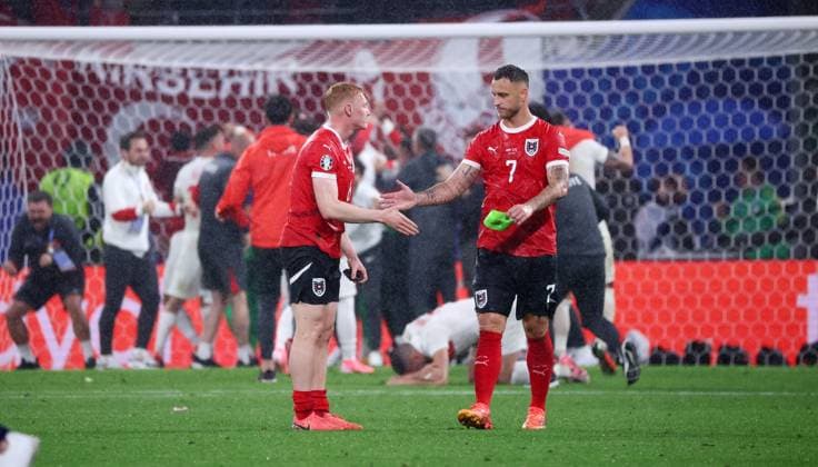 Austria Turkey UEFA EURO 2024 Leipzig, 02 07 2024, Leipzig Stadium, Football, UEFA EURO 2024 Germany , Round of 16 , Austria AUT vs Turkey TUR , Disappointment after the defeat, the round of 16 elimination In the picture from left Nicolas Seiwald 6, AUT and Marko Arnautovic 7, AUT , For journalistic purposes only Only for editorial use , UEFA Êregulations prohibit any use of photographs as image sequences and or quasi video , Picture Point