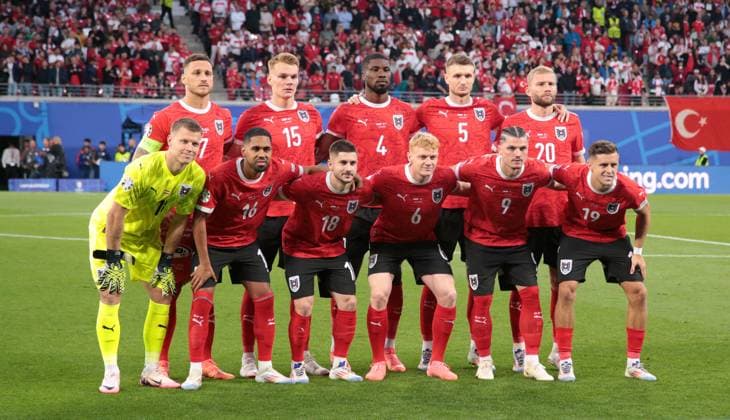 Starting eleven h f l Marko Arnautovic, Philipp Lienhart, Kevin Danso,Stefan Posch, Konrad Laimer, f f l Goalkeeper Heinz Lindner, Phillipp Mwene, Romano Schmid, Nicolas Seiwald, Marcel Sabitzer,Christoph Baumgartner Sport Football Soccer European Championship Euro 2024 European Championship Men Season 2023 2024 02 07 2024 Austria AUT vs Turkey TUR in Leipzig DFL regulations prohibit any use of photographs as image sequences and or quasi video