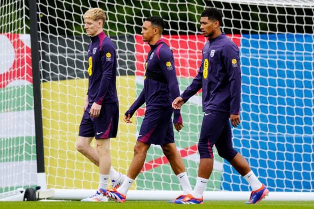 Anthony Gordon of England, Trent Alexander-Arnold of England and Jude Bellingham of England England Training & press conference, PK, Pressekonferenz UEFA European Championship, EM, Europameisterschaft 2024, Quarter Final, Football, Spa & Golf Resort Weimarer Land, Blankenhain, Germany, 03 Jul 2024 EDITORIAL USE ONLY No use with unauthorised audio, video, data, fixture lists, club league logos or live services. Online in-match use limited to 120 images, no video emulation. No use in betting, games or single club league player publications. Copyright: xDavexShopland Shutterstockx 14568226n