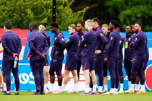 Marc Guehi of England, Adam Wharton of England, Kobbie Mainoo of England and Kyle Walker of England England Training & press conference, PK, Pressekonferenz UEFA European Championship, EM, Europameisterschaft 2024, Quarter Final, Football, Spa & Golf Resort Weimarer Land, Blankenhain, Germany, 03 Jul 2024 EDITORIAL USE ONLY No use with unauthorised audio, video, data, fixture lists, club league logos or live services. Online in-match use limited to 120 images, no video emulation. No use in betting, games or single club league player publications. Copyright: xDavexShopland Shutterstockx 14568226v