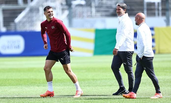 EURO 2024, Nationalteam Schweiz Training Granit Xhaka of Switzerland jokes with Switzerland manager Murat Yakin Switzerland Training, UEFA European Championship, EM, Europameisterschaft 2024, Quarter Final, Football, Stadion auf der Waldau, Stuttgart, Germany, 05 Jul 2024 EDITORIAL USE ONLY No use with unauthorised audio, video, data, fixture lists, club league logos or live services. Online in-match use limited to 120 images, no video emulation. No use in betting, games or single club league player publications. Copyright: xMichaelxZemanek Shutterstockx 14571352h