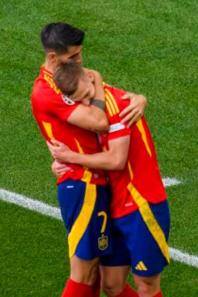 GER, UEFA Euro 2024, quarter-final, Spain ESP vs Germany GER 05 07 2024, MHP Arena, Stuttgart, GER, UEFA Euro 2024, quarter-final, Spain ESP vs Germany GER , pictured celebrating after the 1-0 goal by Dani Olmo Spain 10 with Morata Alvaro Spain 7 nordphotoxGmbHx xStraubmeier nph00004