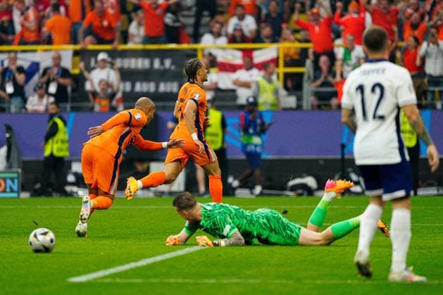 Xavi Simons of The Netherlands celebrates scoring a goal for their side to make it 1-0 Netherlands v England, UEFA European Championship, EM, Europameisterschaft 2024, Semi Final, Football, BVB Stadion, Dortmund, Germany - 10 Jul 2024 EDITORIAL USE ONLY No use with unauthorised audio, video, data, fixture lists, club league logos or live services. Online in-match use limited to 120 images, no video emulation. No use in betting, games or single club league player publications. Copyright: xDavexShopland Shutterstockx 14576902av