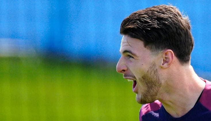 Declan Rice of England England Training, UEFA European Championship, EM, Europameisterschaft 2024, Final, Football, Spa & Golf Resort Weimarer Land, Blankenhain, Germany, 13 Jul 2024 EDITORIAL USE ONLY No use with unauthorised audio, video, data, fixture lists, club league logos or live services. Online in-match use limited to 120 images, no video emulation. No use in betting, games or single club league player publications. Copyright: xDavexShopland Shutterstockx 14583292bf